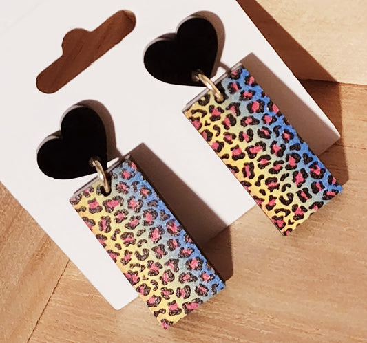 Rainbow Cheetah Heart Studs